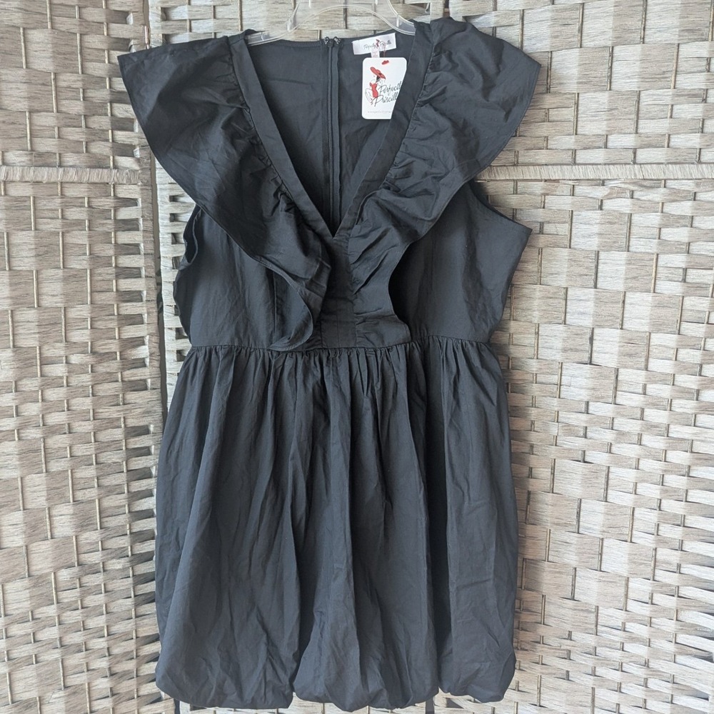 Perfectly Priscilla Bubble Hem Dress Black Ruffle V-Neck XL Cotton Babydoll LBD